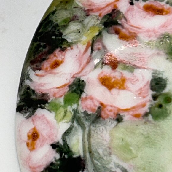 Antique Hand-Painted Porcelain Brooch With Pink Roses C-Clasp Gold-tone - Picture 15 of 16